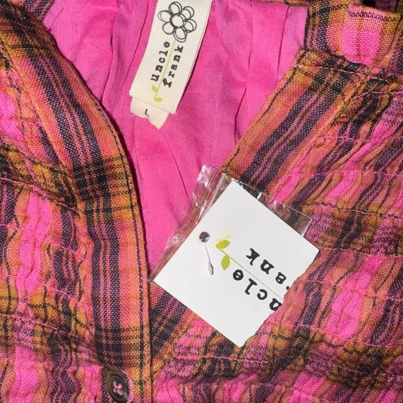 NEW! Uncle Frank By Ivy Jane BLUSHING PINK BERRY Plaid Gauze Smocked Dress SZ L - Picture 4 of 4